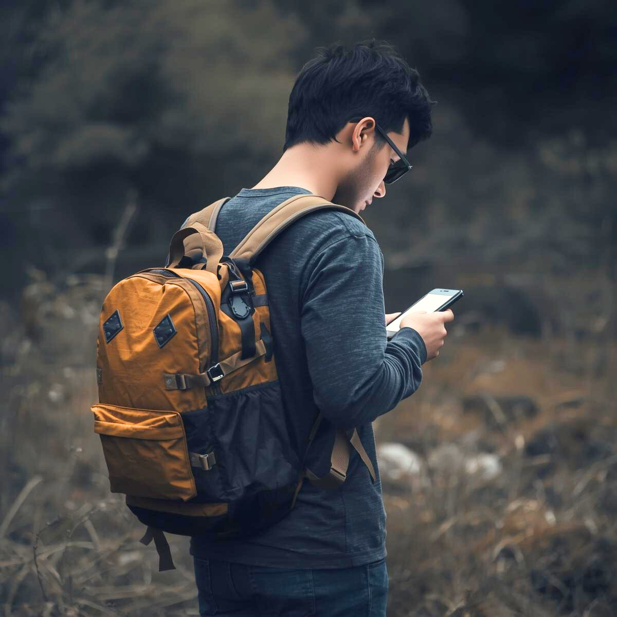 ein Mann mit Rucksack im Wald schaut aufs Handy