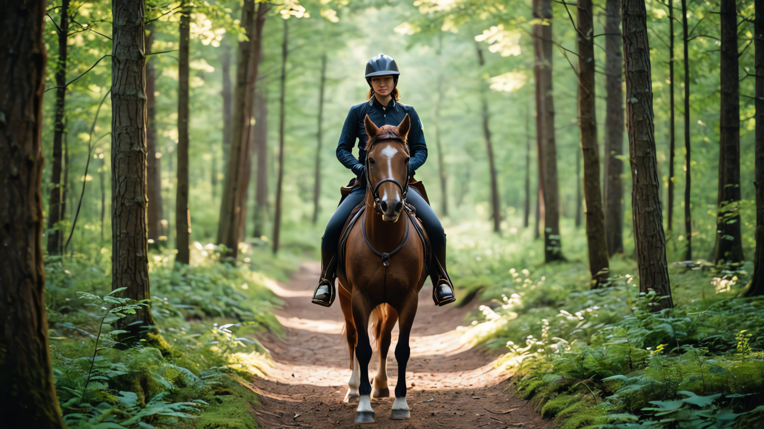 Eine Reiterin reitet durch den Wald