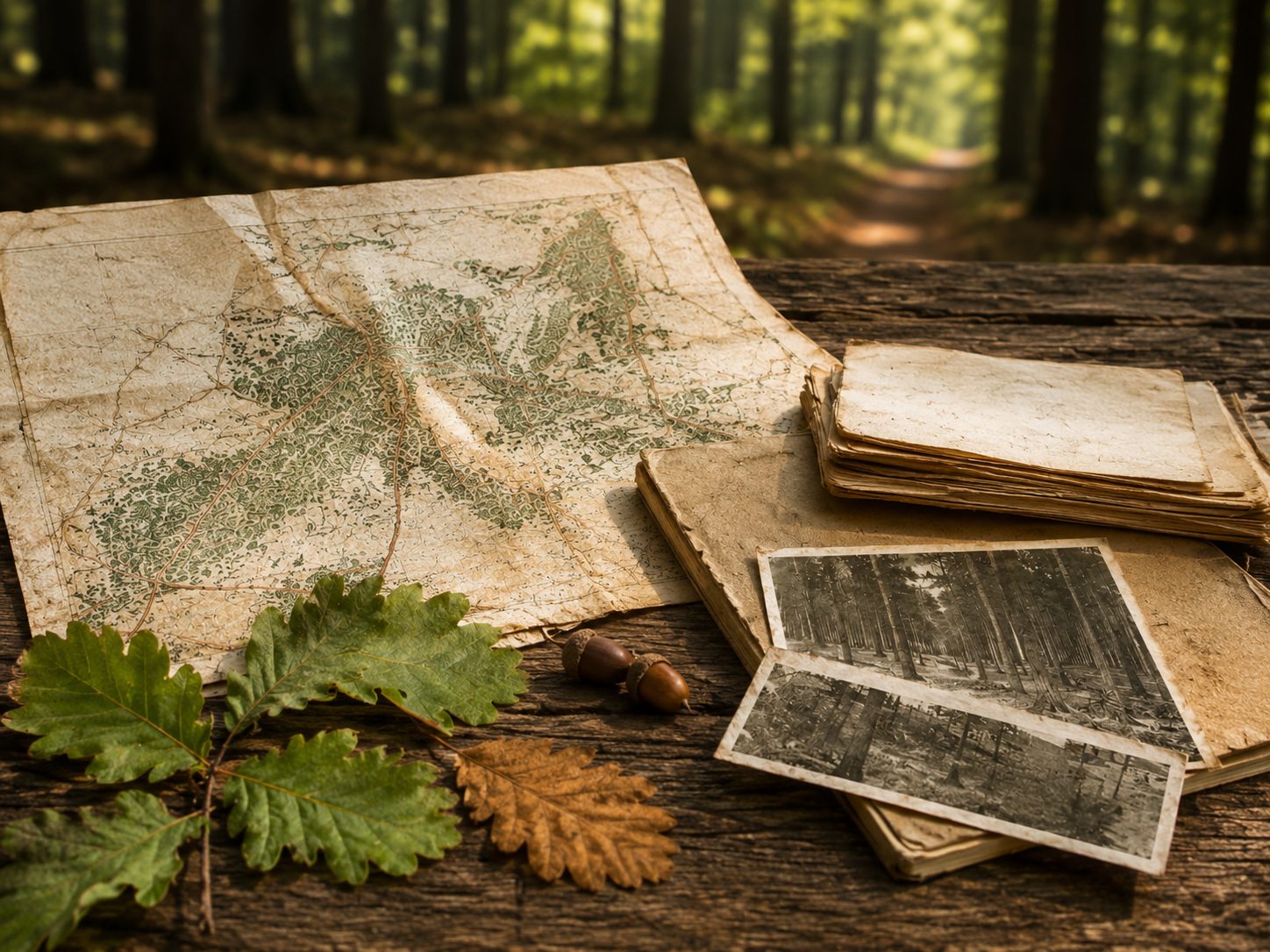 Historische Karten und alte Waldaufnahmen als Symbol für die Geschichte des Reichswaldes