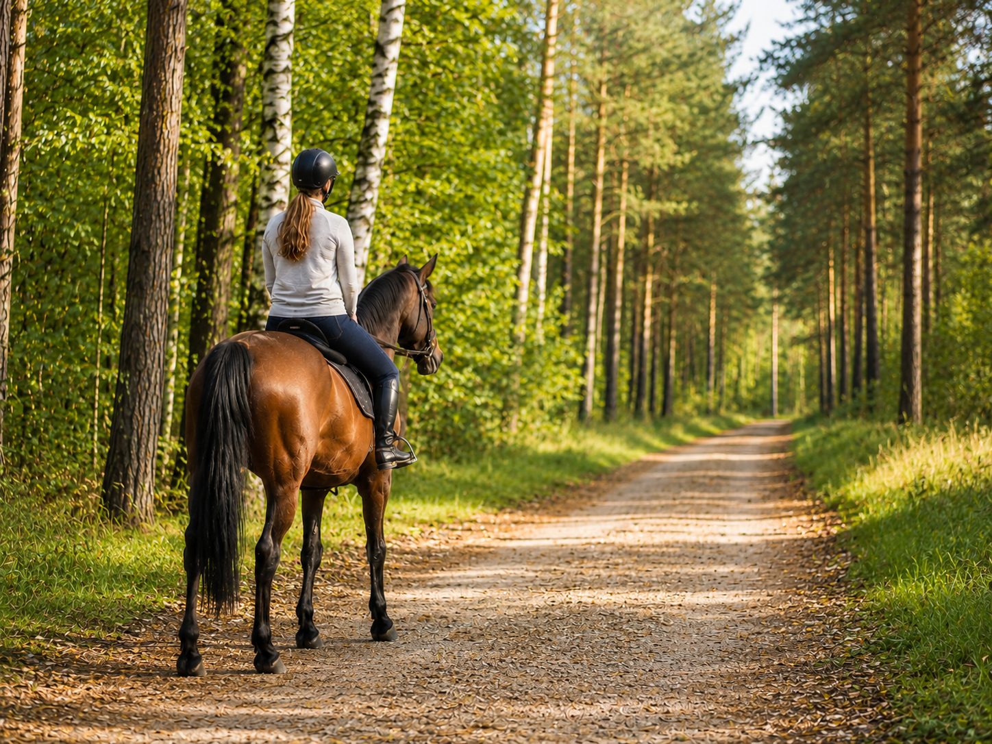Reiterin auf einem Waldweg im Reichswald