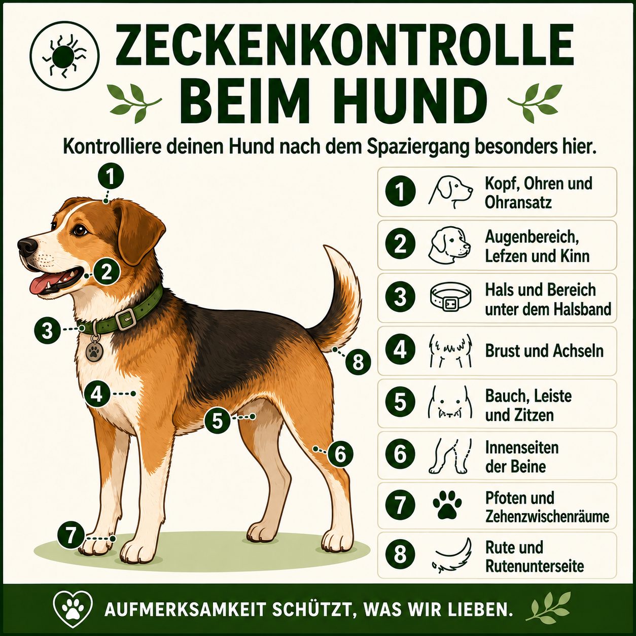 Infografik mit Hund und markierten Körperstellen zur Zeckenkontrolle nach dem Spaziergang, darunter Kopf, Ohren, Hals, Bauch, Beine, Pfoten und Rute.